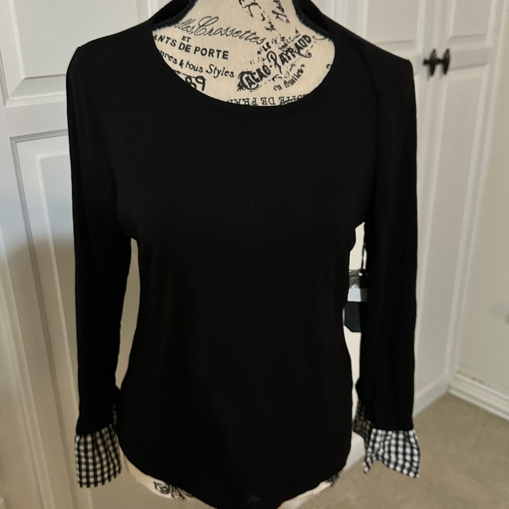 Vince Camuto Black Long Sleeve Top with Gingham Cuffs NWT pXL